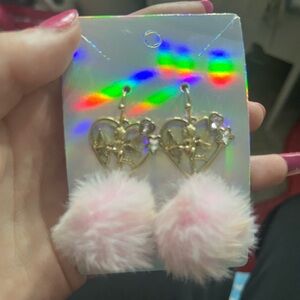 Gold Cupid and Pink Pom Pom Earrings